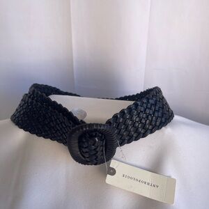 Anthropologie Woven Black Leather Belt with Round Wrapped Buckle